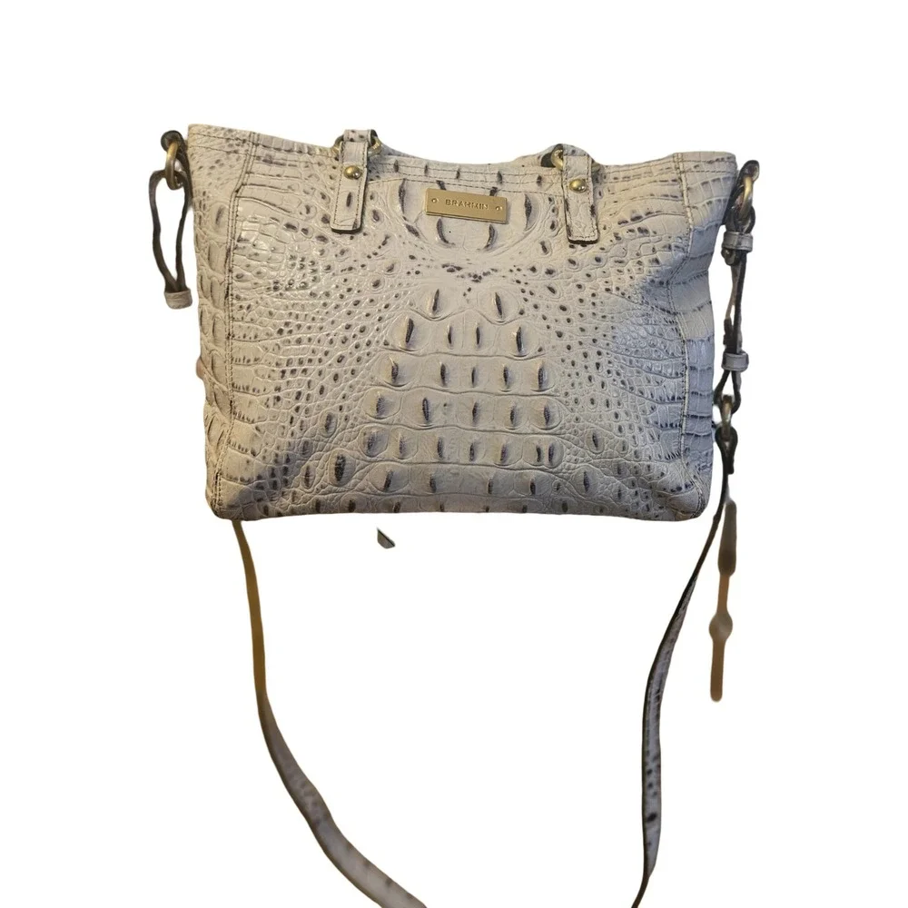 Brahmin Croc Embossed Leather Satchel Crossbody Bag Gray Cream Gold Hardware